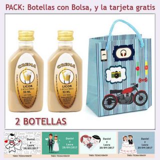 2 Botellitas de Licor Crema con bolsa “con moto roja” y tarjeta