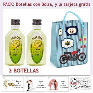 2 Botellitas de Licor de Melón con bolsa “con moto roja” y tarjeta