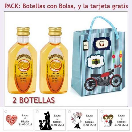 2 Botellitas de Licor de Mandarina con bolsa “con moto roja” y tarjeta