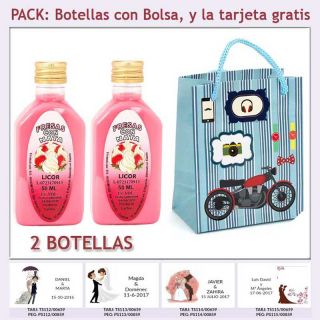 2 Botellitas de Licor de Fresas con Nata con bolsa “con moto roja” y tarjeta