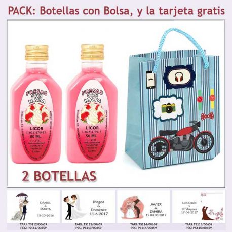2 Botellitas de Licor de Fresas con Nata con bolsa “con moto roja” y tarjeta