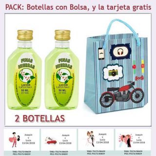 2 Botellitas de Licor de Finas Hierbas con bolsa “con moto roja” y tarjeta