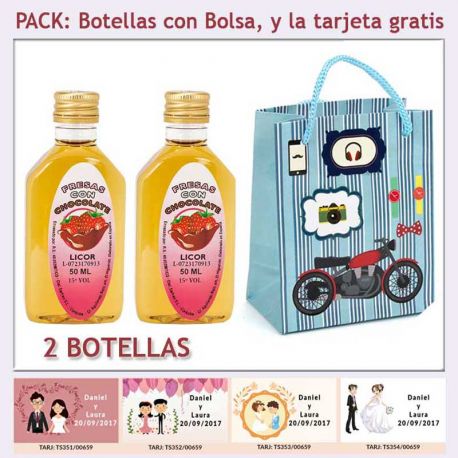 2 Botellitas de Licor de Fresas con Chocolate con bolsa “con moto roja” y tarjeta