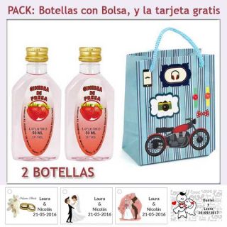 2 Botellitas de Ginebra de Fresa con bolsa “con moto roja” y tarjeta