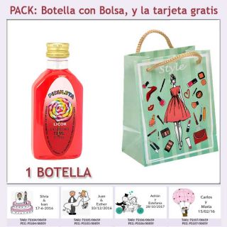Botellita de Licor de Piruleta con bolsa “fashion con mujer” y tarjeta