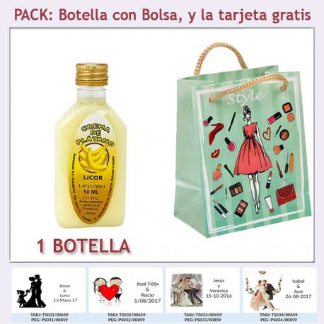 Botellita de Licor de Crema de Plátano con bolsa “fashion con mujer” y tarjeta