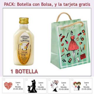 Botellita de Licor de Arroz con Leche con bolsa “fashion con mujer” y tarjeta