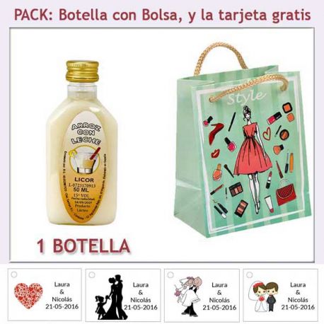 Botellita de Licor de Arroz con Leche con bolsa “fashion con mujer” y tarjeta