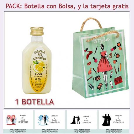 Botellita de Licor de Crema de Limón con bolsa “fashion con mujer” y tarjeta