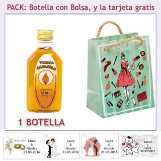 Botellita de Vodka Caramelo con bolsa “fashion con mujer” y tarjeta