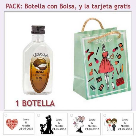 Botellita de Ron Coco con bolsa “fashion con mujer” y tarjeta