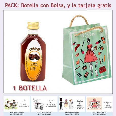 Botellita de Licor de Café con bolsa “fashion con mujer” y tarjeta