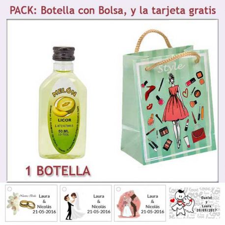Botellita de Licor de Melón con bolsa “fashion con mujer” y tarjeta
