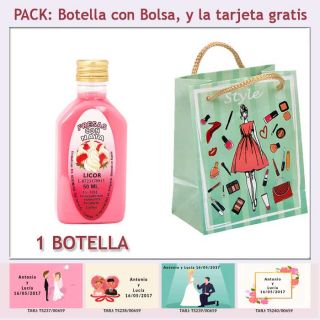 Botellita de Licor de Fresas con Nata con bolsa “fashion con mujer” y tarjeta
