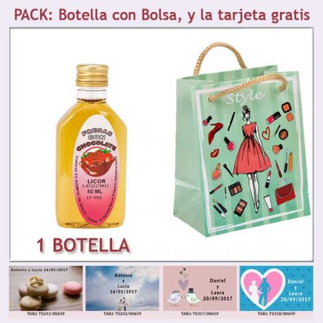 Botellita de Licor de Fresas con Chocolate con bolsa “fashion con mujer” y tarjeta