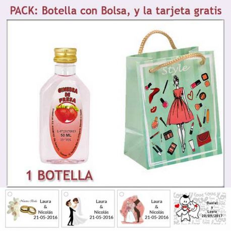 Botellita de Ginebra de Fresa con bolsa “fashion con mujer” y tarjeta