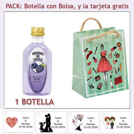 Botellita de Ginebra de Mora con bolsa “fashion con mujer” y tarjeta