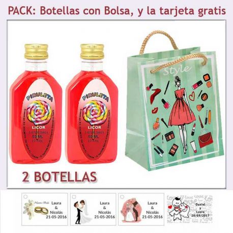 2 Botellitas de Licor de Piruleta con bolsa “fashion con mujer” y tarjeta