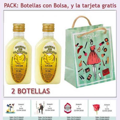 2 Botellitas de Licor de Crema de Plátano con bolsa “fashion con mujer” y tarjeta