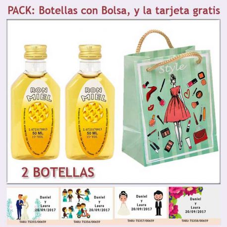 2 Botellitas de Ron Miel con bolsa “fashion con mujer” y tarjeta