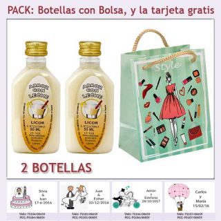 2 Botellitas de Licor de Arroz con Leche con bolsa “fashion con mujer” y tarjeta