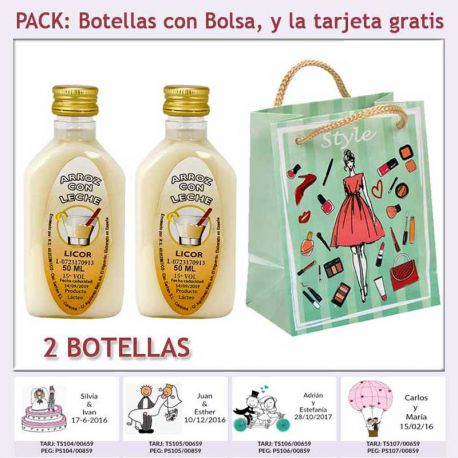 2 Botellitas de Licor de Arroz con Leche con bolsa “fashion con mujer” y tarjeta