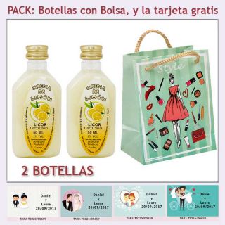2 Botellitas de Licor de Crema de Limón con bolsa “fashion con mujer” y tarjeta