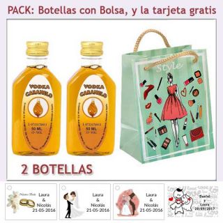 2 Botellitas de Vodka Caramelo con bolsa “fashion con mujer” y tarjeta
