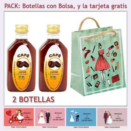 2 Botellitas de Licor de Café con bolsa “fashion con mujer” y tarjeta