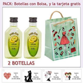2 Botellitas de Licor de Melón con bolsa “fashion con mujer” y tarjeta