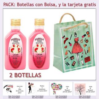 2 Botellitas de Licor de Fresas con Nata con bolsa “fashion con mujer” y tarjeta