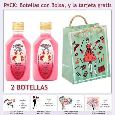 2 Botellitas de Licor de Fresas con Nata con bolsa “fashion con mujer” y tarjeta