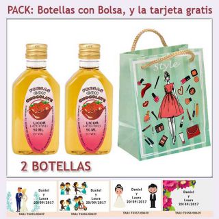 2 Botellitas de Licor de Fresas con Chocolate con bolsa “fashion con mujer” y tarjeta