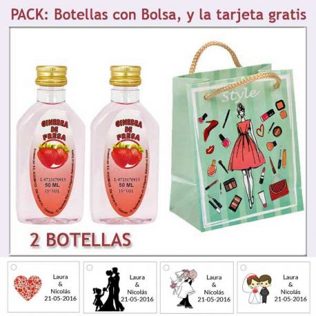 2 Botellitas de Ginebra de Fresa con bolsa “fashion con mujer” y tarjeta