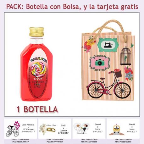 Botellita de Licor de Piruleta con bolsa “fashion con bicicleta” y tarjeta