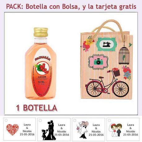Botellita de Pacharán con bolsa “fashion con bicicleta” y tarjeta