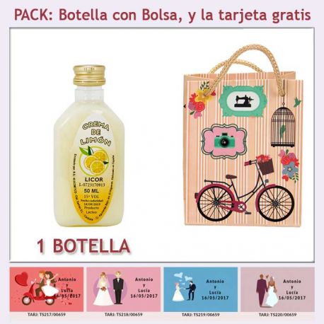 Botellita de Licor de Crema de Limón con bolsa “fashion con bicicleta” y tarjeta