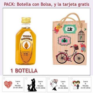 Botellita de Vodka Caramelo con bolsa “fashion con bicicleta” y tarjeta