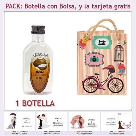 Botellita de Ron Coco con bolsa “fashion con bicicleta” y tarjeta