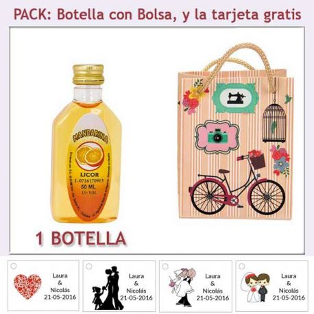 Botellita de Licor de Mandarina con bolsa “fashion con bicicleta” y tarjeta