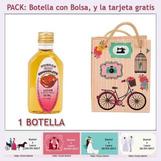 Botellita de Licor de Fresas con Chocolate con bolsa “fashion con bicicleta” y tarjeta