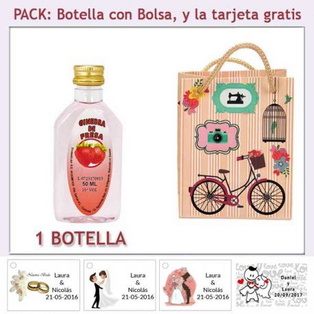 Botellita de Ginebra de Fresa con bolsa “fashion con bicicleta” y tarjeta