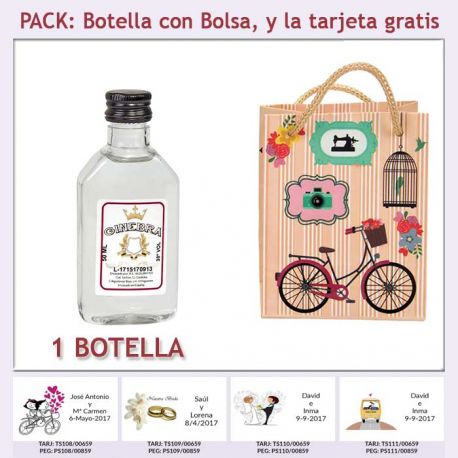 Botellita de Ginebra Blanca con bolsa “fashion con bicicleta” y tarjeta