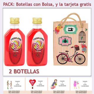 2 Botellitas de Licor de Piruleta con bolsa “fashion con bicicleta” y tarjeta