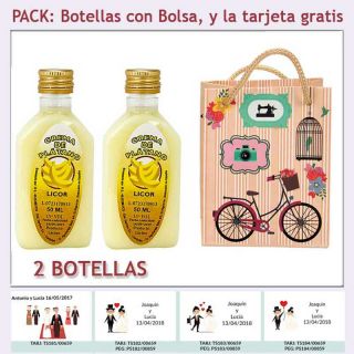 2 Botellitas de Licor de Crema de Plátano con bolsa “fashion con bicicleta” y tarjeta