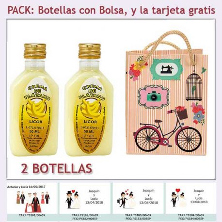 2 Botellitas de Licor de Crema de Plátano con bolsa “fashion con bicicleta” y tarjeta