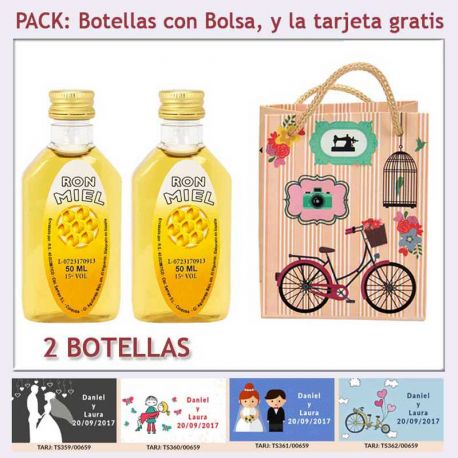 2 Botellitas de Ron Miel con bolsa “fashion con bicicleta” y tarjeta