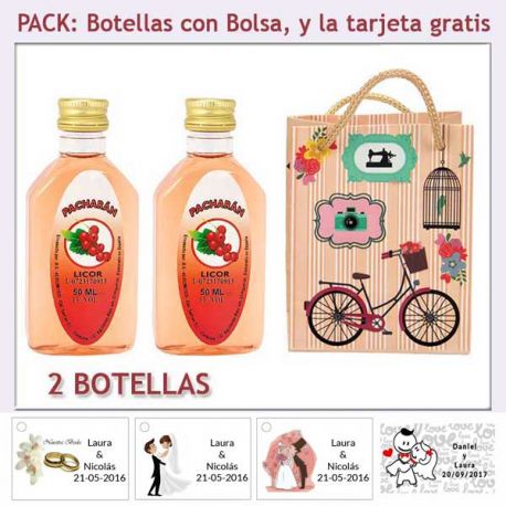 2 Botellitas de Pacharán con bolsa “fashion con bicicleta” y tarjeta