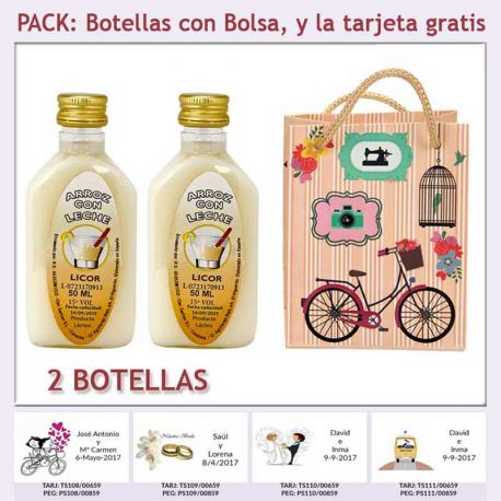 2 Botellitas de Licor de Arroz con Leche con bolsa “fashion con bicicleta” y tarjeta