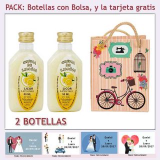 2 Botellitas de Licor de Crema de Limón con bolsa “fashion con bicicleta” y tarjeta